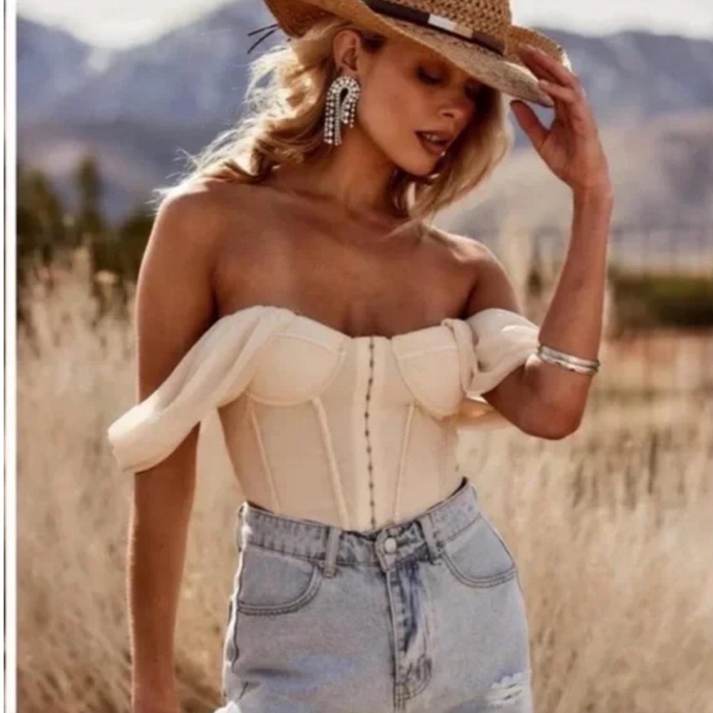 12th Tribe Cream Off-Shoulder Corset Crop Top